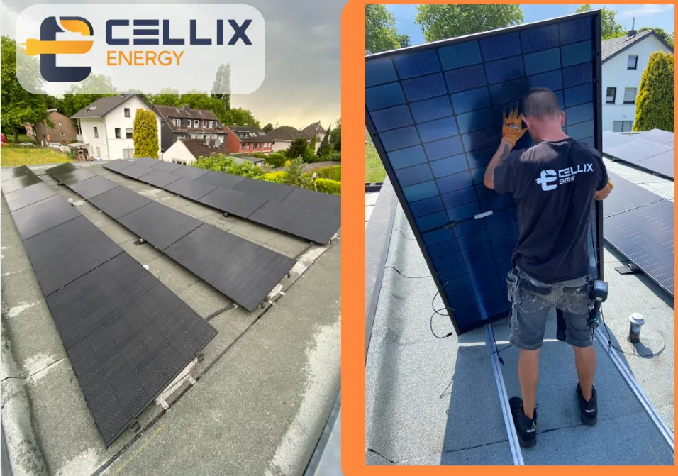 Mülheim an der Ruhr: 32 Module à 450 W – 14,4 kWpFlachdach optimal genutzt – Südliche Ausrichtung bringen 77,7% Autarkie