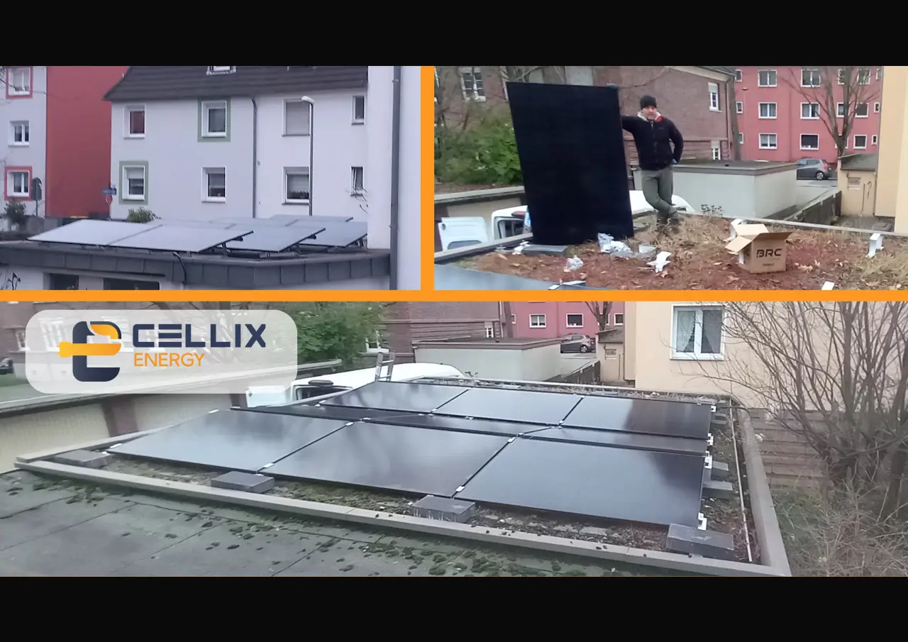 Duisburg: Eleganz auf einem Flachdach dank der 19 Full Black Bauer Solar Module a 450W mit 77,7% Autarkie (8,55 kWp ) + 8 kW Wechselrichter und 5 kWh Batterie von Goodwe